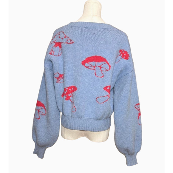 Cider Blue w Coral Mushroom Pattern Balloon Sleeve Jacquard Sweater Medium - Picture 3 of 6
